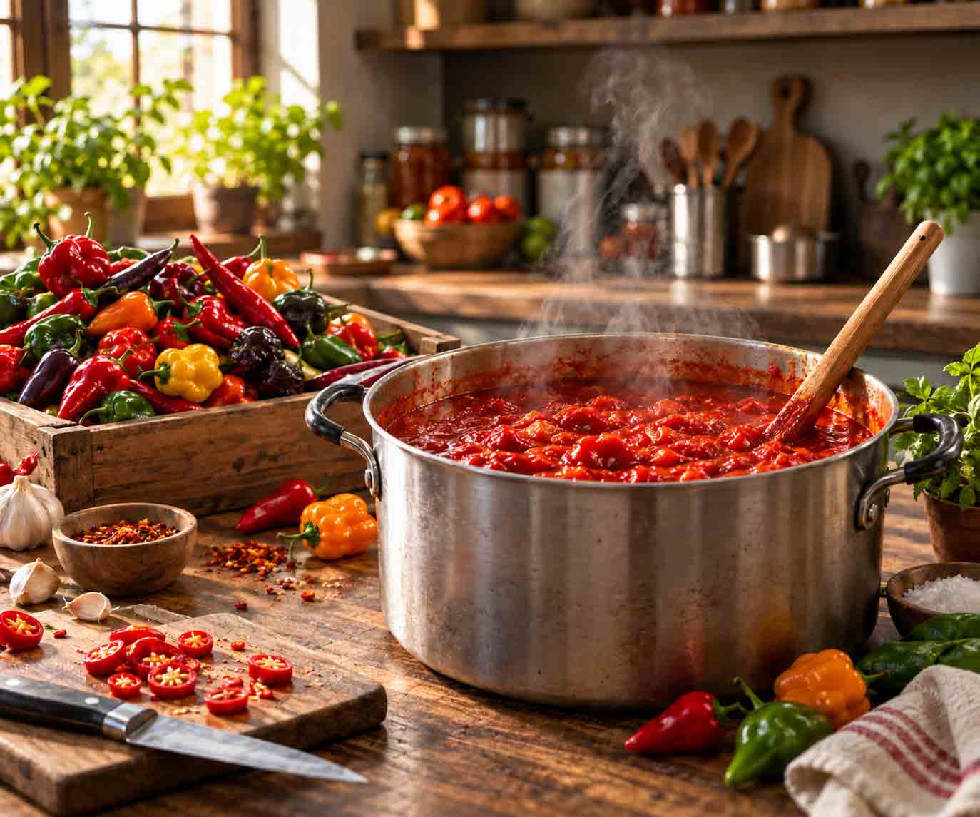 Urban Chilli small-batch sauce simmering in a pot with fresh chillies and garlic
