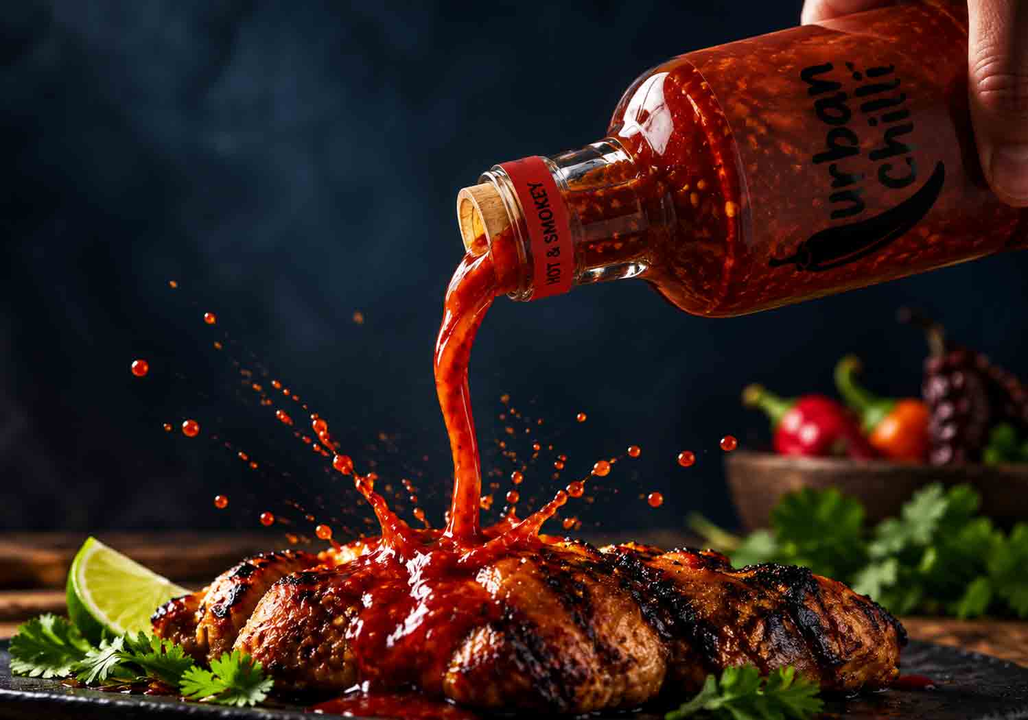 Urban Chilli Hot & Smoky sauce being poured over flame-grilled meat
