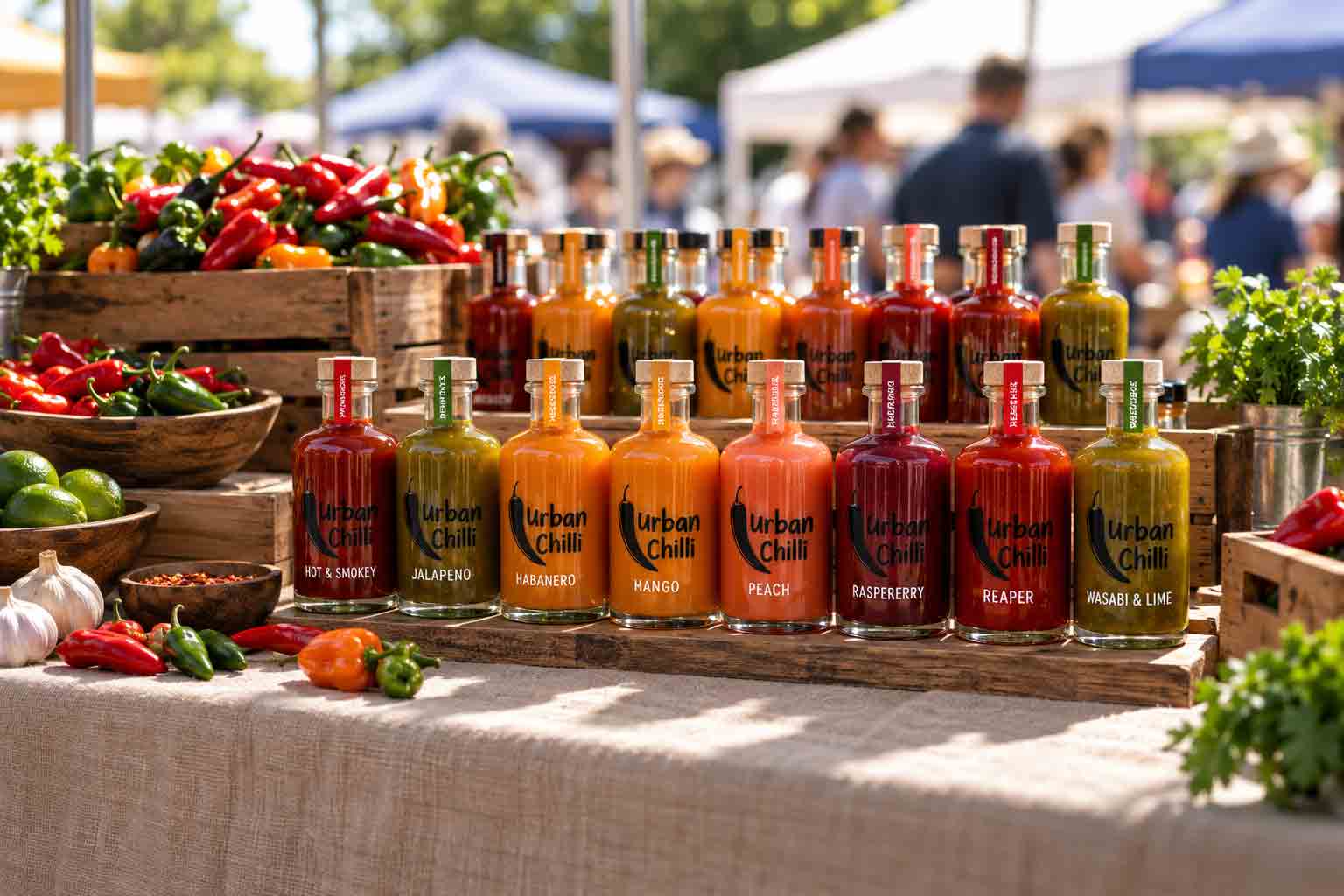 Branded Urban Chilli sauce bottles lined up at an outdoor market stall