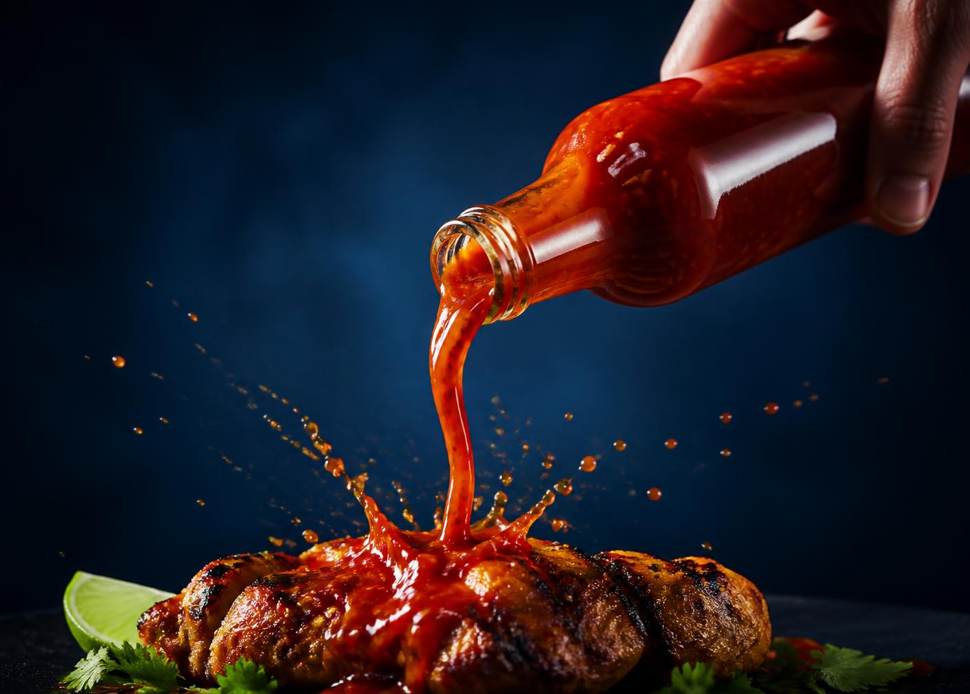 Urban Chilli sauce being poured over grilled food